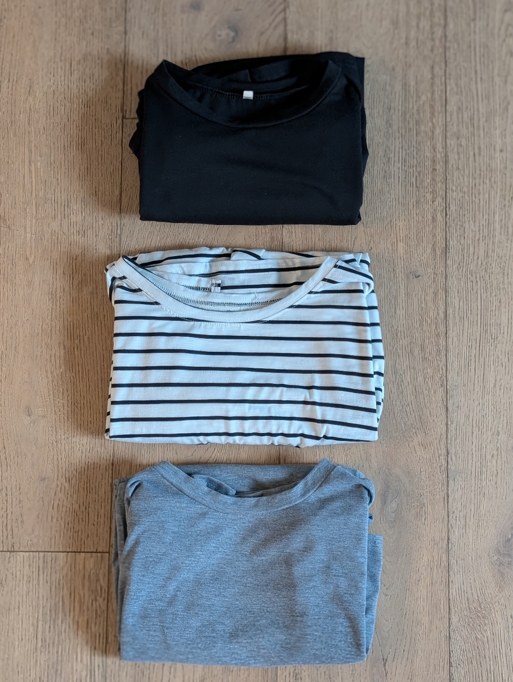 Set of Three T-shirt Dresses - Black, Striped White/Navy, Gray